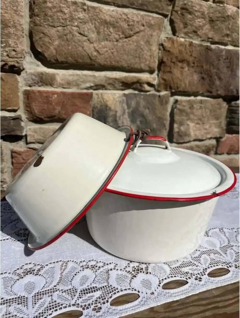 Vintage White Enamelware Pot with Lid & Basin Set Red Trim Farmhouse Cookware